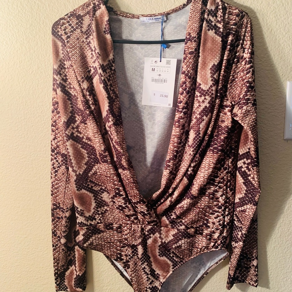 Zara Snake Print Long Sleeve Bodysuit in Brown and Tan